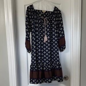 Anthropologie Blue and Cream Long Sleeve Dress